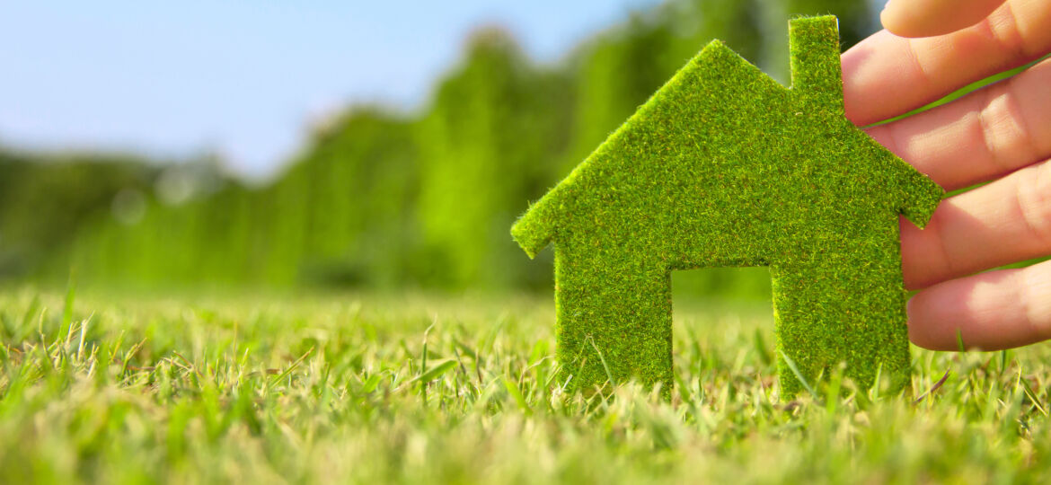 hand holding eco house icon in nature