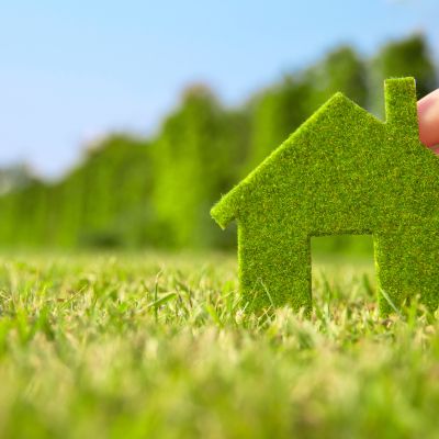 hand holding eco house icon in nature