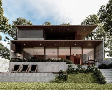 vista general de la casa desde un angulo que muestre las tres terrazas